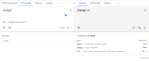 Captura de tela de tradução automática - Google Tradutor. Em português: MANGA. Em inglês: MANGO.